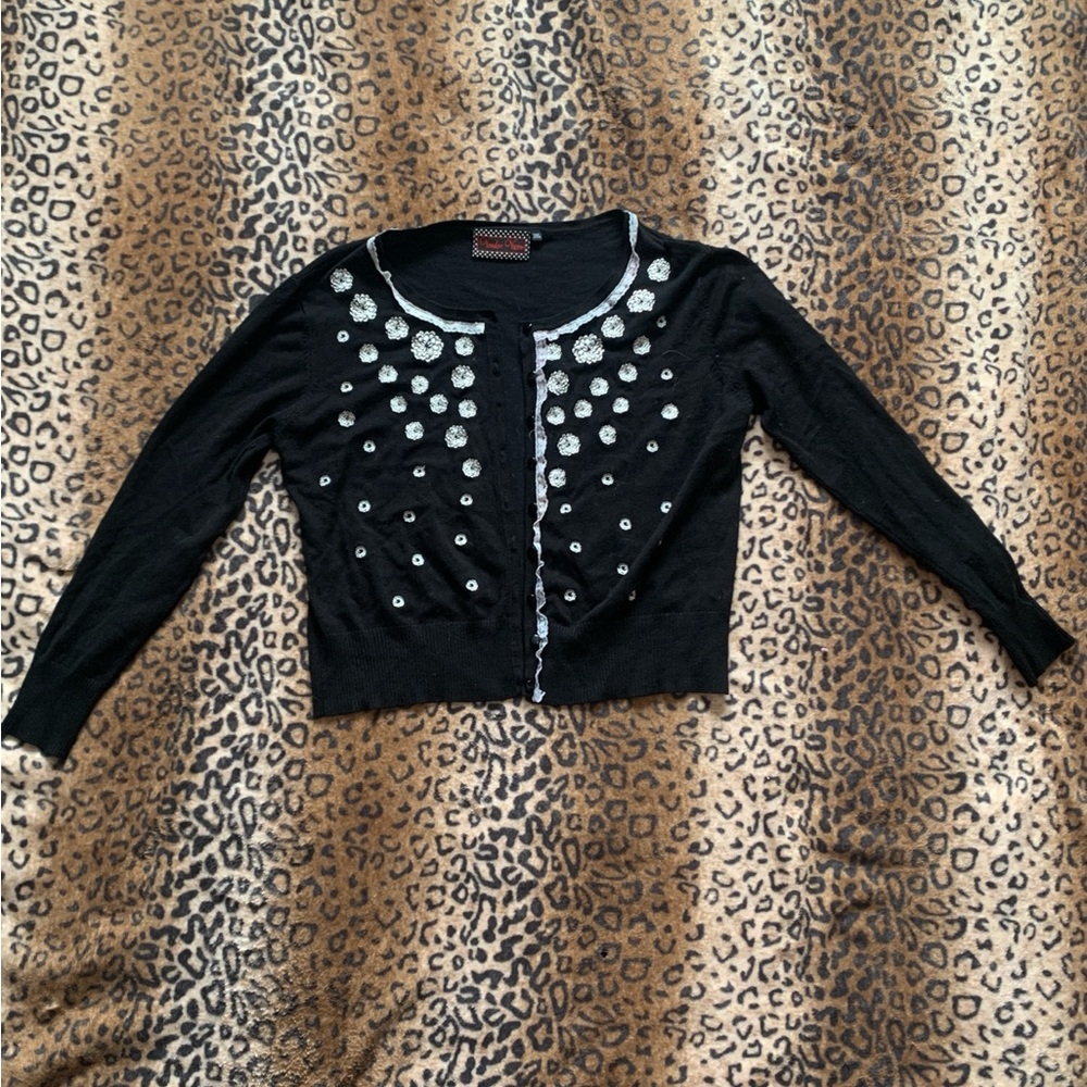 Goth Voodo vixen Black Cardigan with White Floral Embellishments